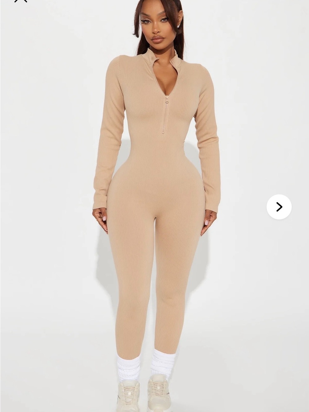 Fashion Nova Ribbed Zip-Front Jumpsuit in Taupe